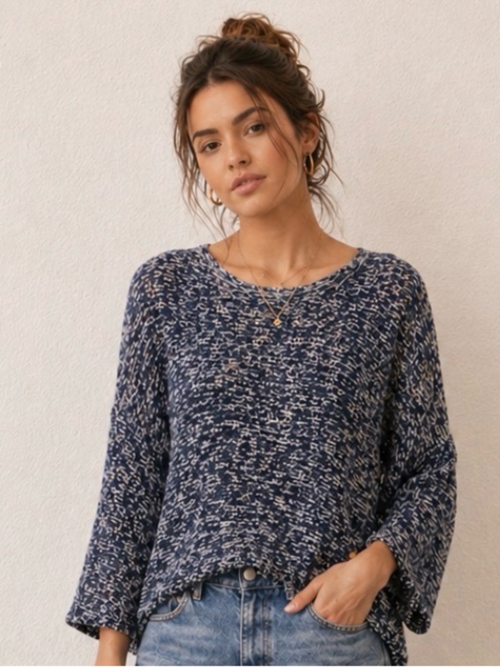 Eileen Fisher Linen/Wool Blend Boxy Oversized Sweater Navy Open Knit Size. L/XL